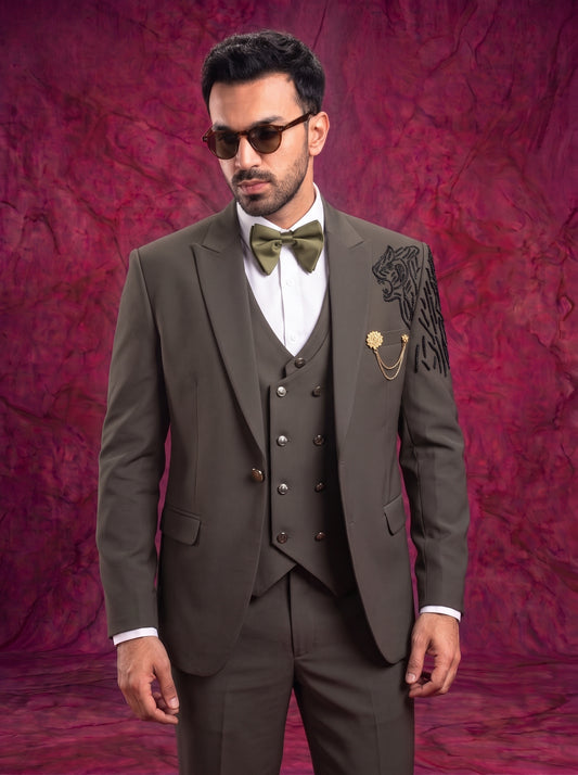 Club AK Men’s Premium Olive Green Embroidered Three Piece Tuxedo Suit