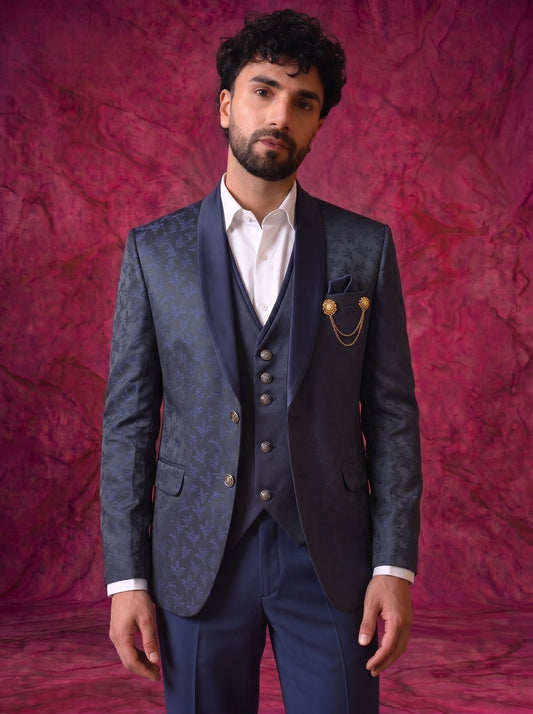 Club AK Men’s Premium Navy Blue Jacquard Three Piece Tuxedo Suit