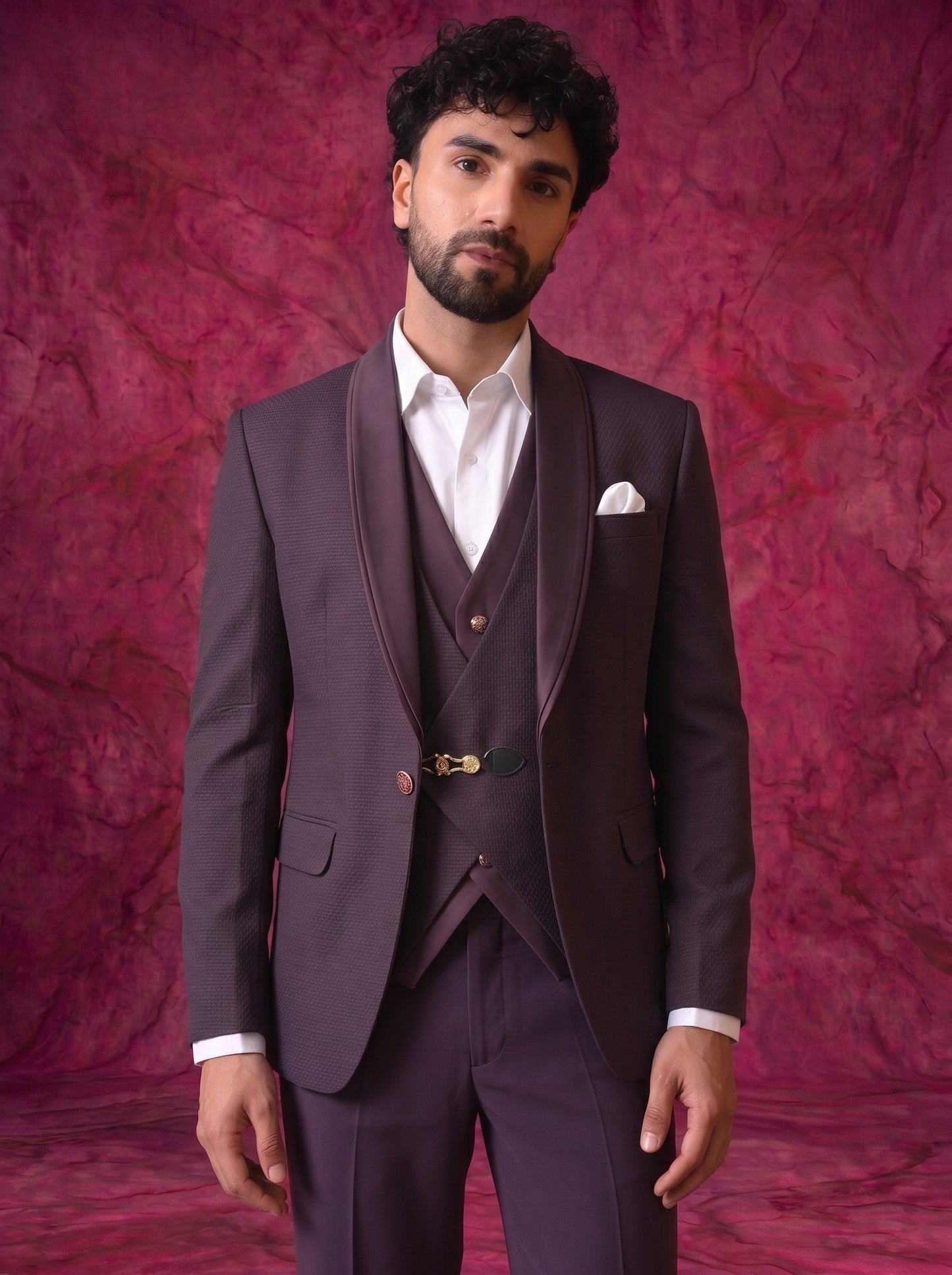 Club AK Men’s Premium Wine Textured Three Piece Tuxedo Suit
