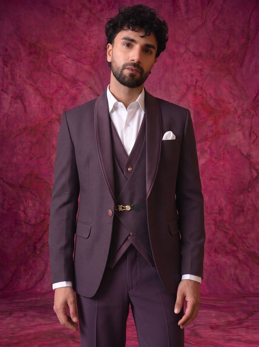 Club AK Men’s Premium Wine Textured Three Piece Tuxedo Suit