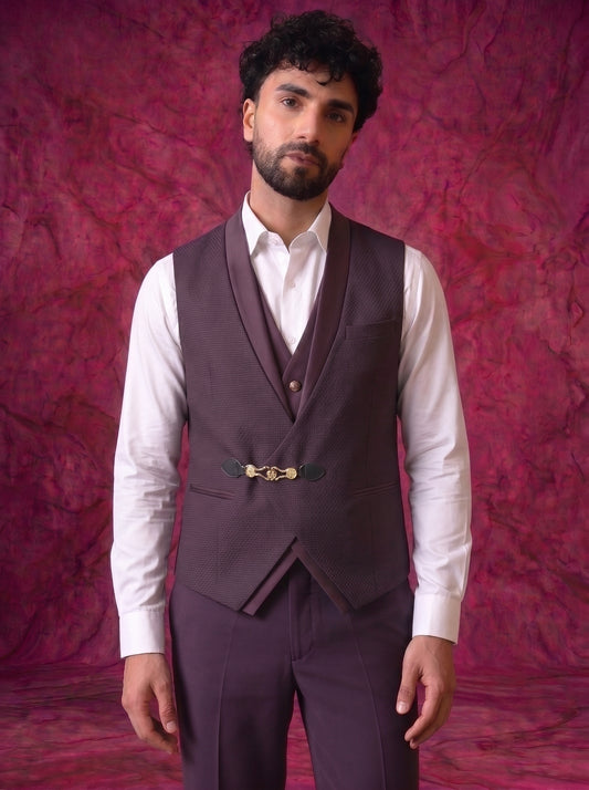 Club AK Men’s Premium Wine Textured Three Piece Tuxedo Suit