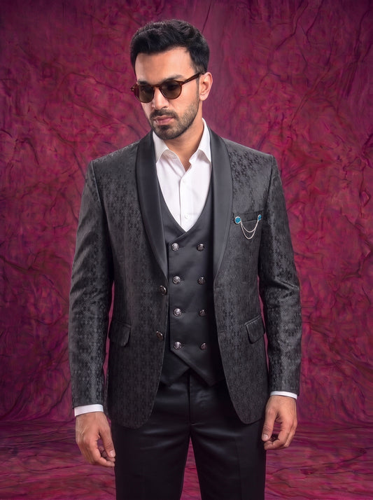 Club AK Men’s Jacquard Printed Three Piece Tuxedo Suit