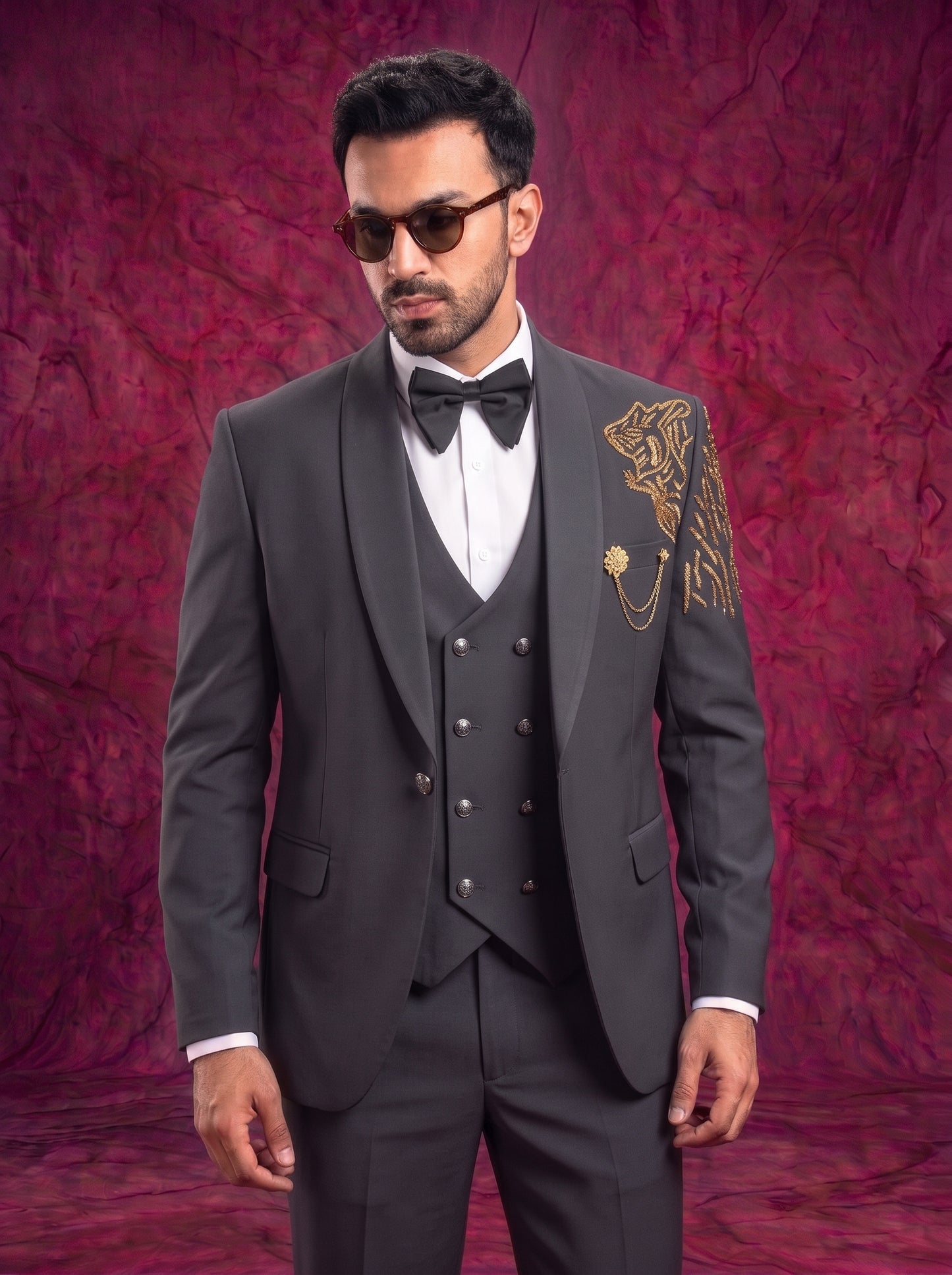 Club AK Men’s Embroidered Black Three Piece Tuxedo Suit