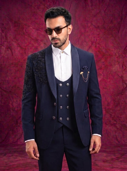 Club AK Men’s Premium Navy Blue Embroidered Tuxedo Suit