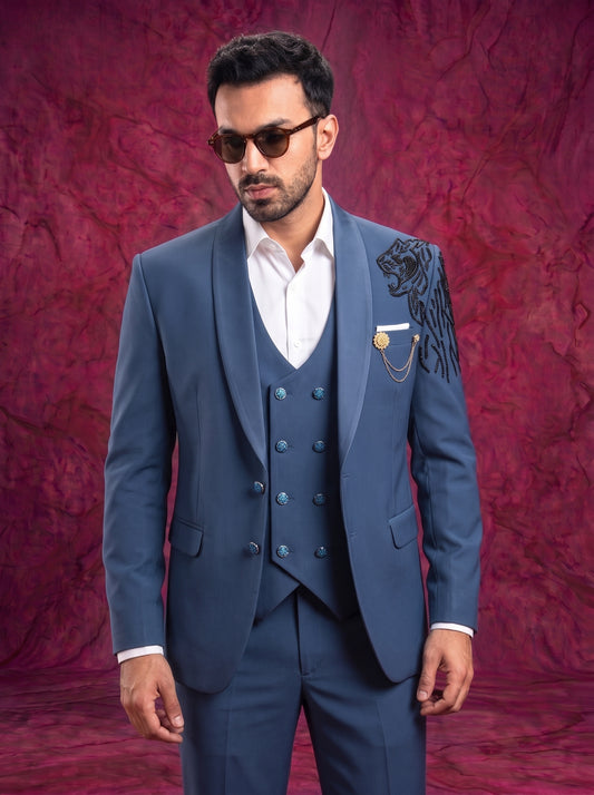 Club AK Men’s Blue Embroidery Three Piece Tuxedo Suit