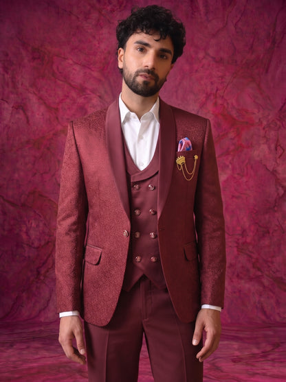 Club AK Men’s Premium Maroon Jacquard Three Piece Tuxedo Suit