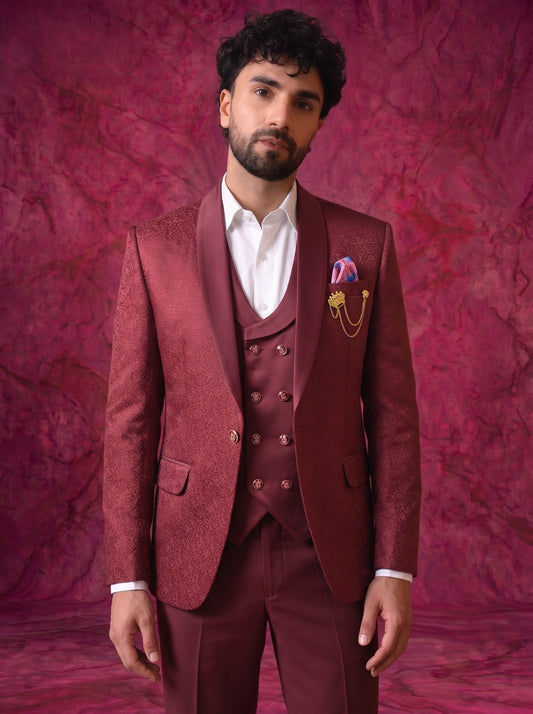 Club AK Men’s Premium Maroon Jacquard Three Piece Tuxedo Suit