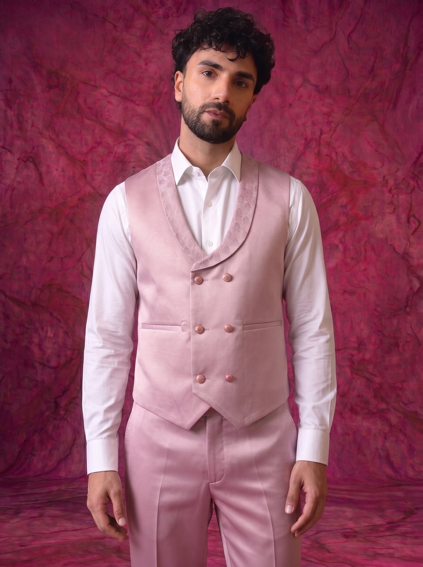 Club AK Men’s Premium Baby Pink Jacquard Three Piece Tuxedo Suit