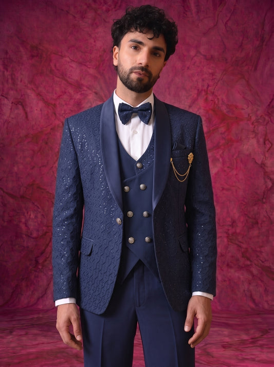 Club AK Men’s Premium Navy Blue Sequins Three Piece Tuxedo Suit