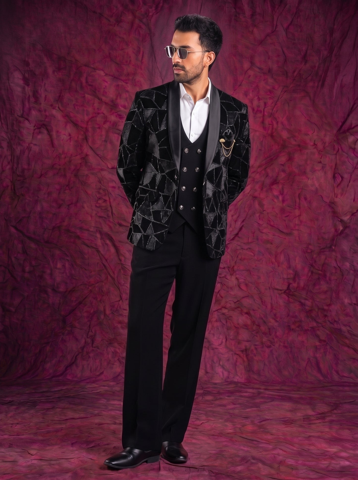 Club AK Men’s Premium Black Textured Three Piece Tuxedo Suit