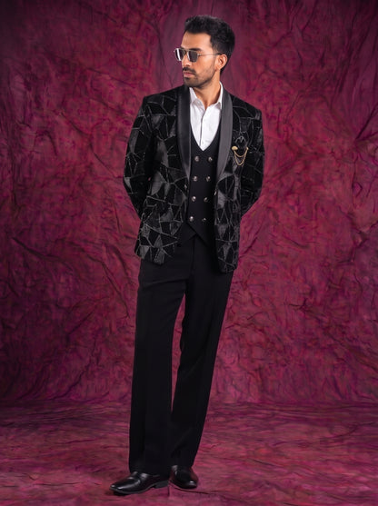 Club AK Men’s Premium Black Textured Three Piece Tuxedo Suit