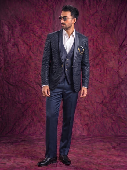 Club AK Men’s Premium Navy Blue Textured Three Piece Tuxedo Suit