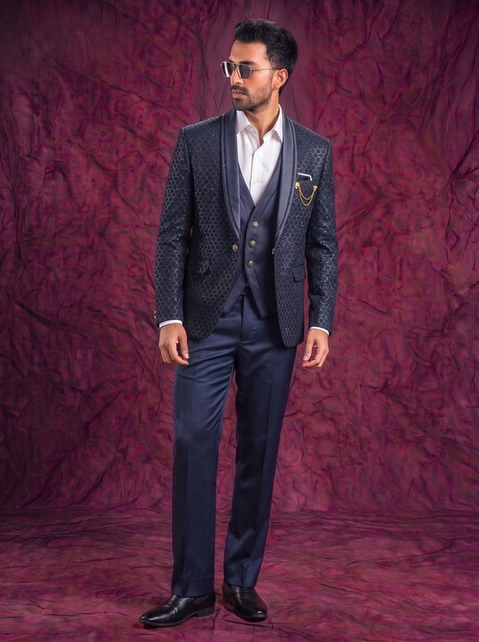Club AK Men’s Premium Navy Blue Textured Three Piece Tuxedo Suit