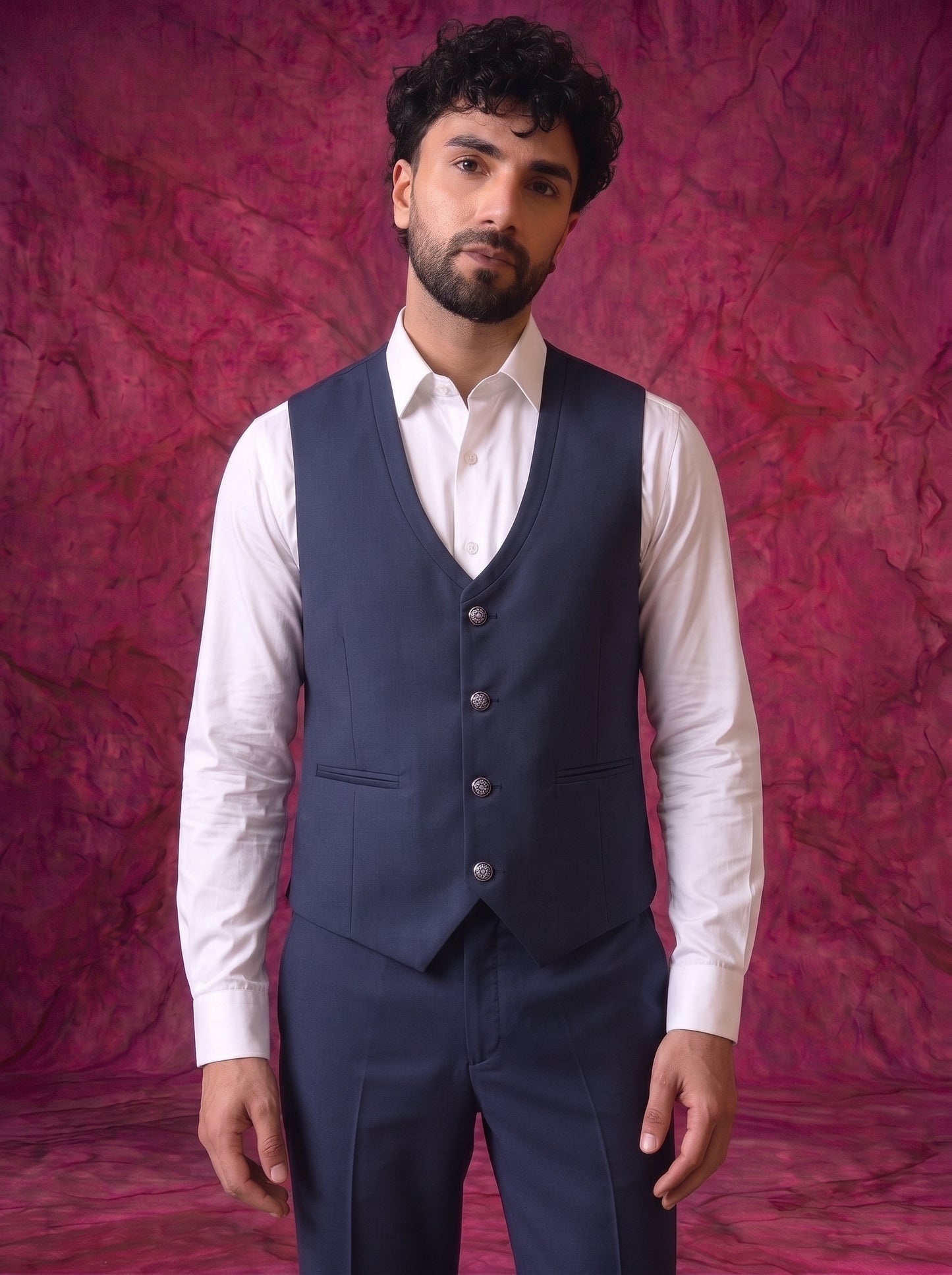 Club AK Men’s Premium Navy Blue Textured Three Piece Tuxedo Suit