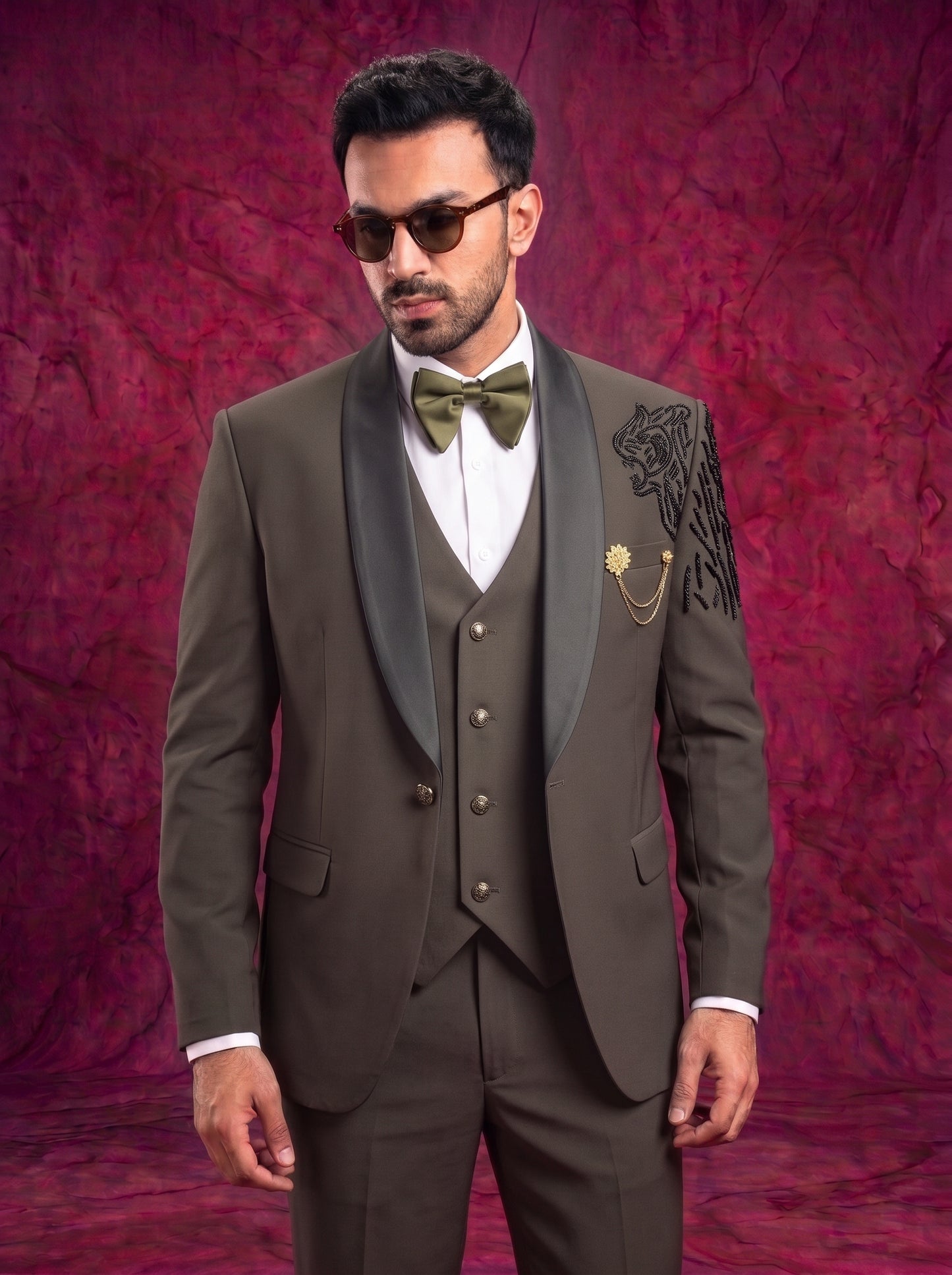 Club AK Men’s Premium Olive Green Embroidered Three Piece Tuxedo Suit