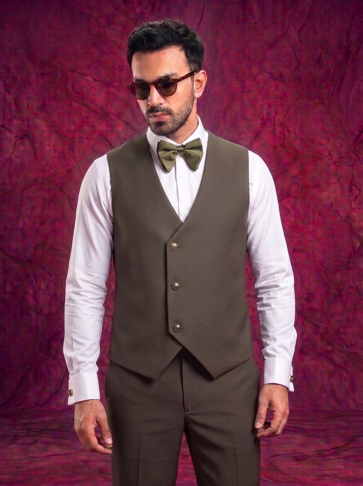 Club AK Men’s Premium Olive Green Embroidered Three Piece Tuxedo Suit