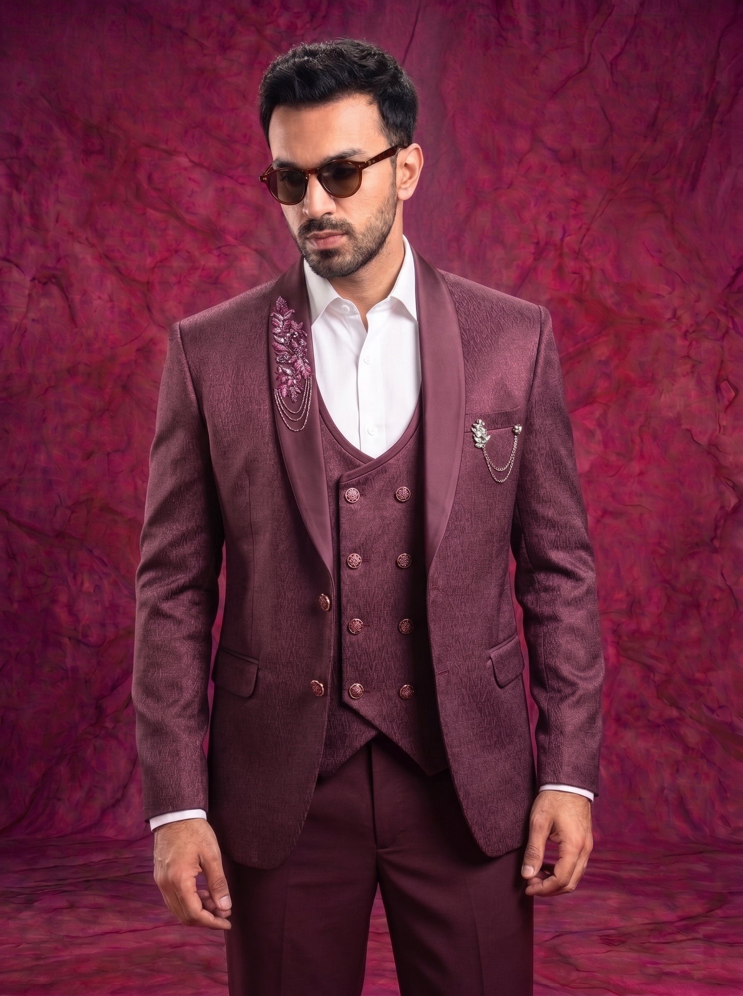 Club AK Men’s Premium Wine Textured Three Piece Tuxedo Suit