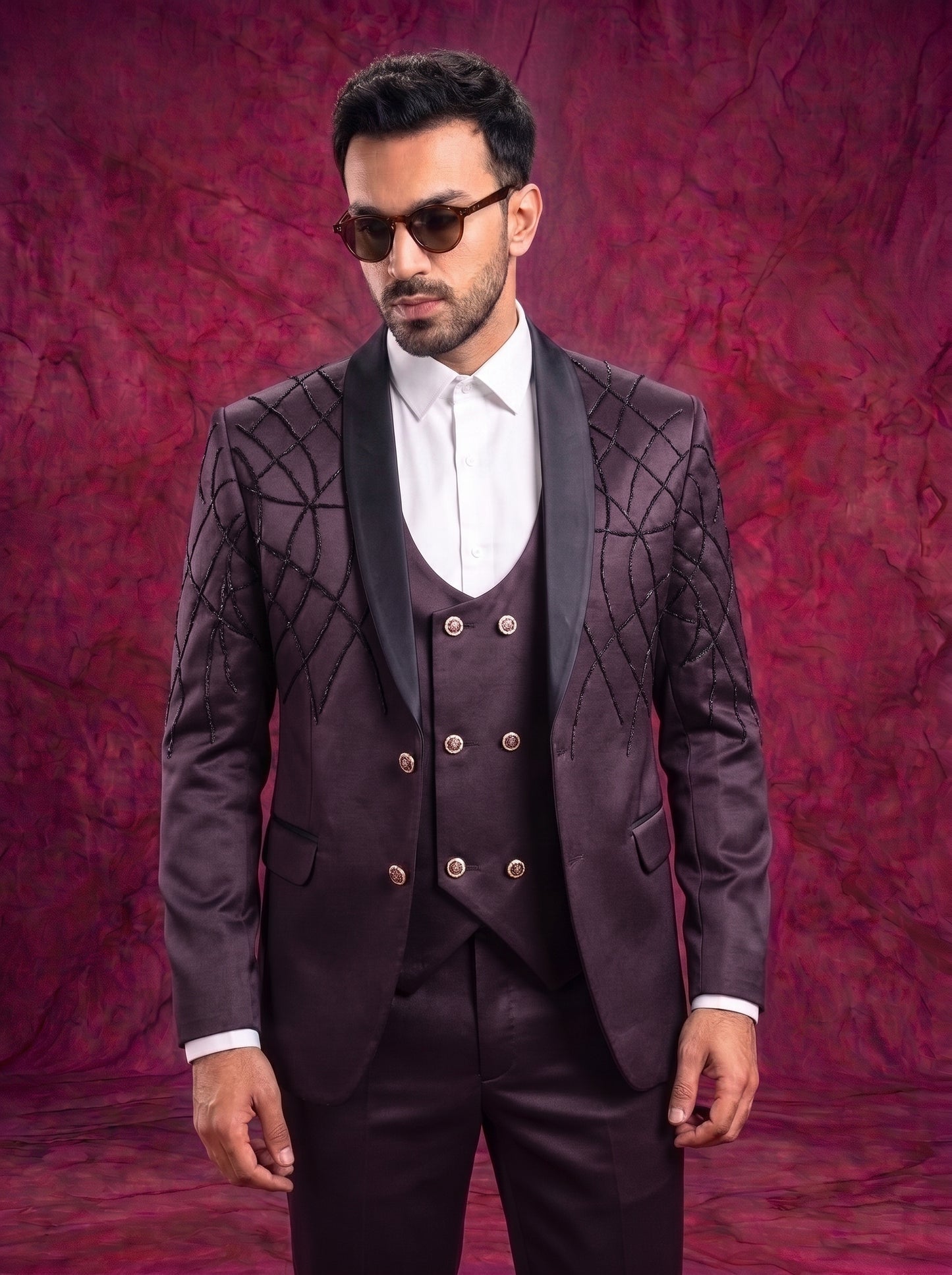 Club AK Men’s Premium Dark Wine Three Piece Tuxedo Suit