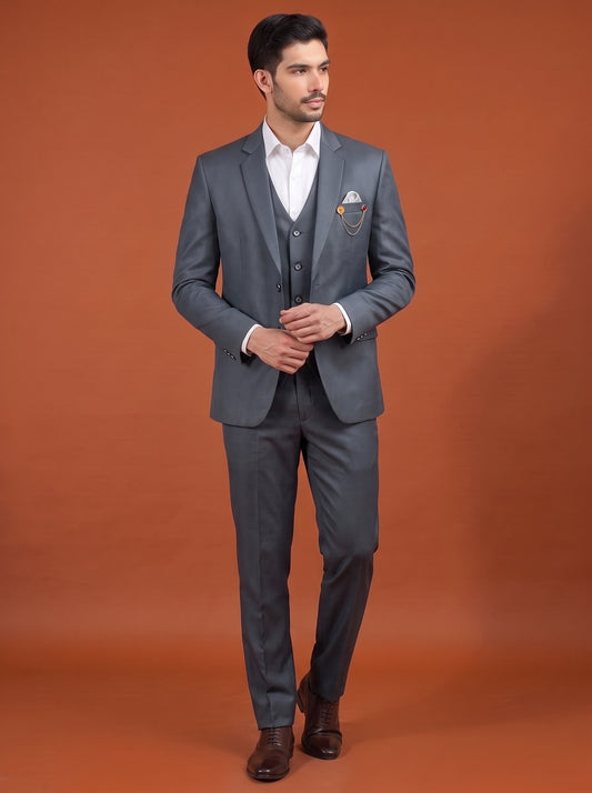 Club AK Men's Steel Grey Three Piece Suit Set for Wedding, Party & Formal Wear