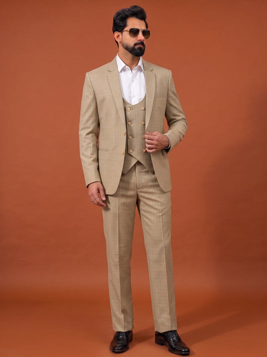 Club AK Men's Premium Beige Check Three Piece Suit