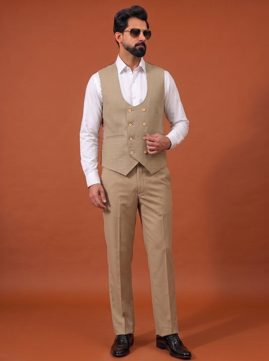 Club AK Men's Premium Beige Check Three Piece Suit
