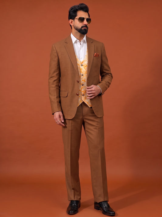 Club AK Men's Coffee Brown Three Piece Suit Set with Printed Waistcoat for Wedding, Party & Formal Wear