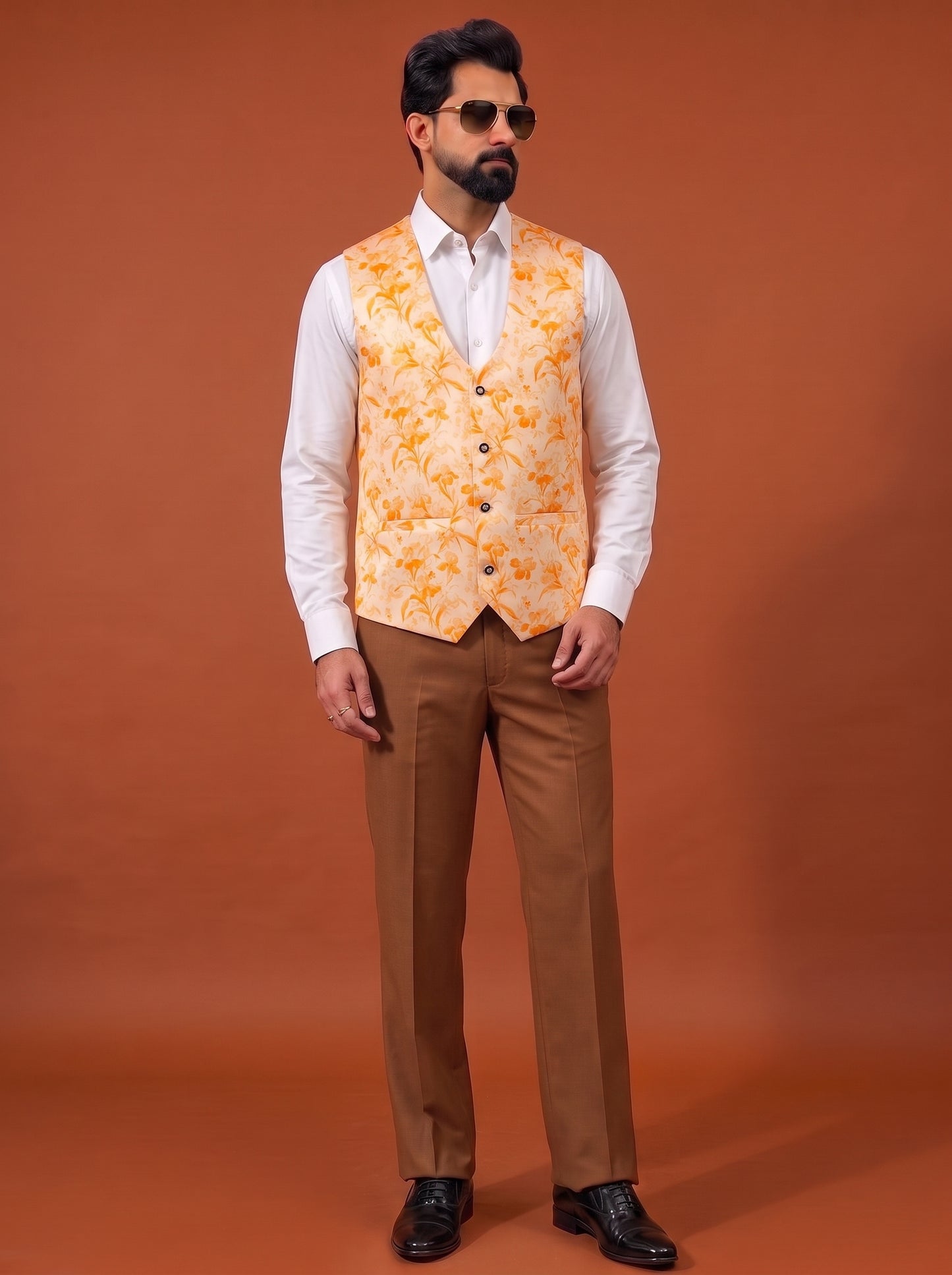 Club AK Men's Coffee Brown Three Piece Suit Set with Printed Waistcoat for Wedding, Party & Formal Wear