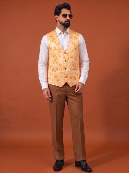 Club AK Men's Coffee Brown Three Piece Suit Set with Printed Waistcoat for Wedding, Party & Formal Wear