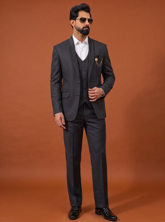 Club AK Men's Charcoal Black Jacquard Three Piece Suit Set for Wedding, Reception, Party & Formal Wear
