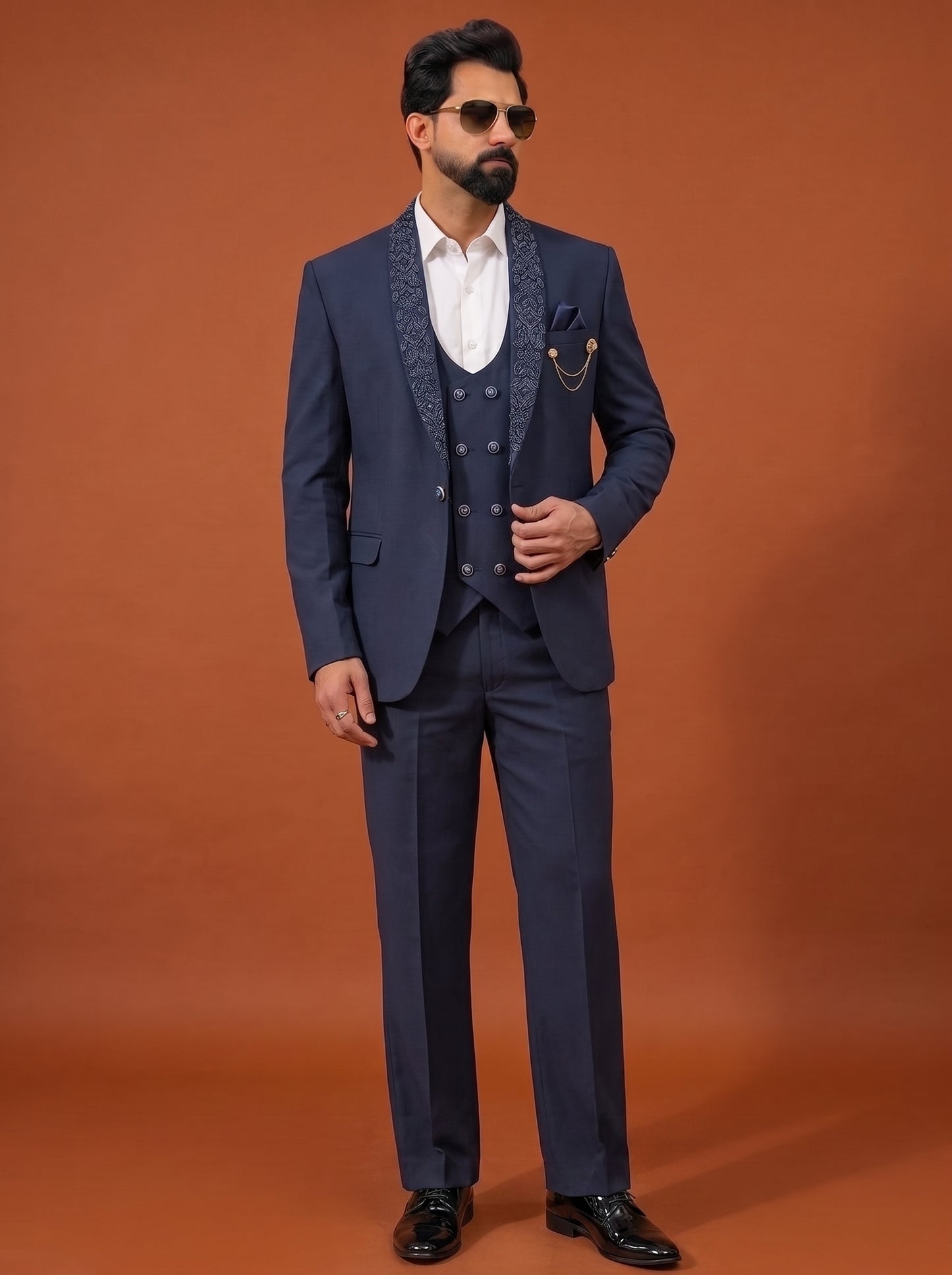 Club AK Men's Navy Blue Double Breasted Three Piece Suit Set with Designer Shawl Lapel for Wedding, Reception & Party Wear