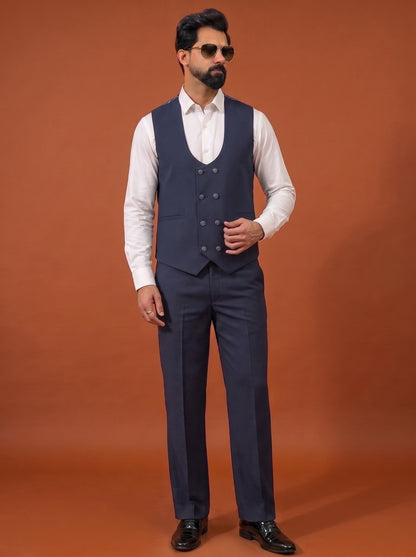 Club AK Men's Navy Blue Double Breasted Three Piece Suit Set with Designer Shawl Lapel for Wedding, Reception & Party Wear