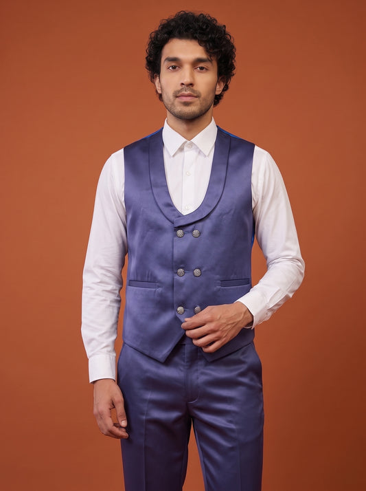 Club AK Men's Steel Blue Satin Three Piece Tuxedo Suit Set with Shawl Lapel for Wedding, Reception & Party Wear