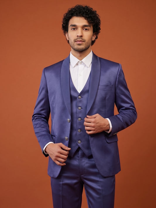 Club AK Men's Steel Blue Satin Three Piece Tuxedo Suit Set with Shawl Lapel for Wedding, Reception & Party Wear