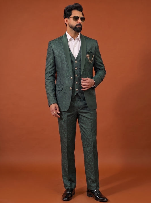 Club AK Men's Emerald Green Jacquard Three Piece Suit Set with Shawl Lapel for Wedding, Reception & Party Wear