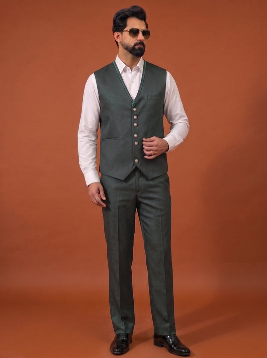Club AK Men's Emerald Green Jacquard Three Piece Suit Set with Shawl Lapel for Wedding, Reception & Party Wear