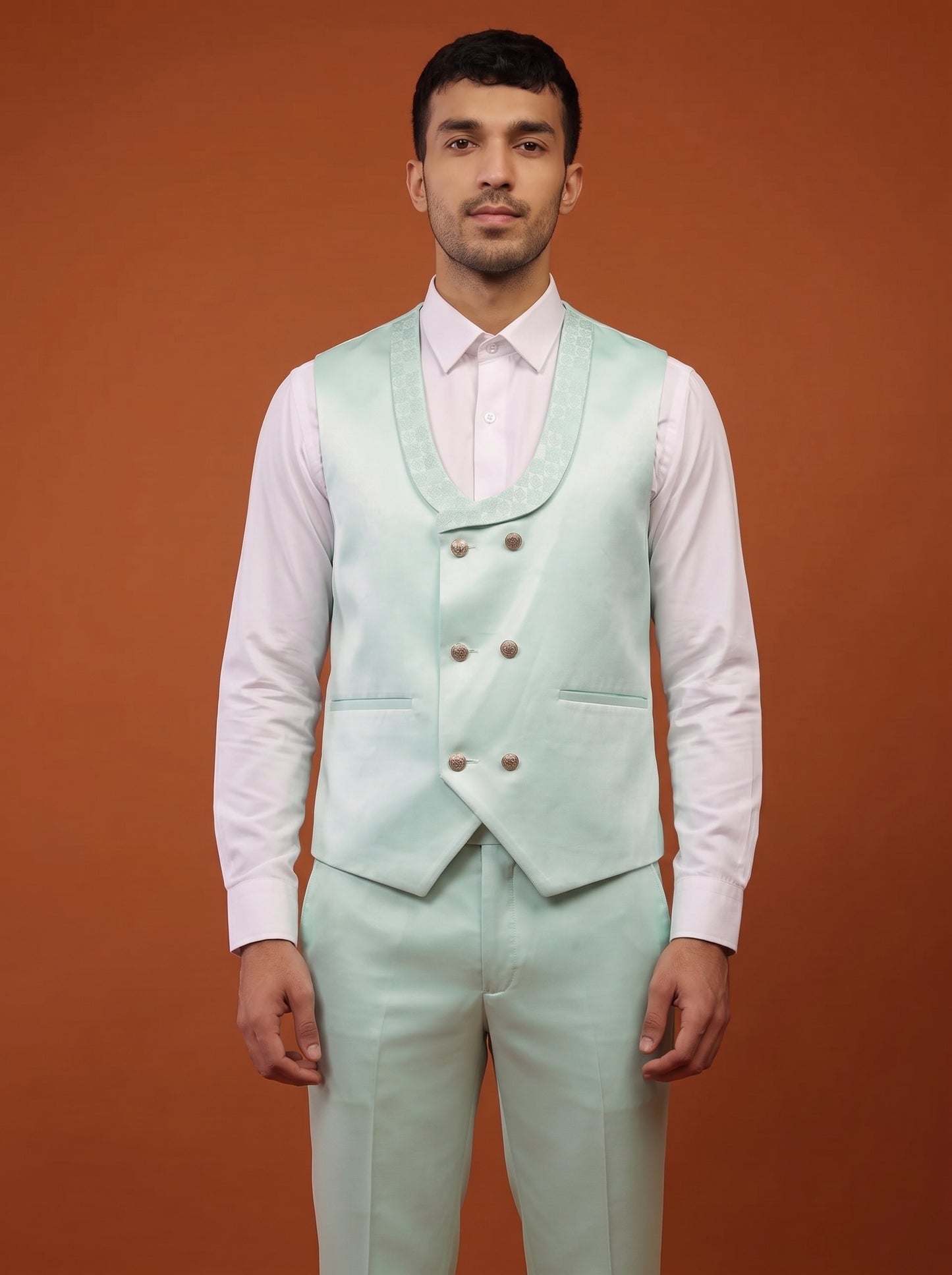 Club AK Men's Mint Green Textured Three Piece Suit Set with Shawl Lapel for Wedding, Reception & Party Wear