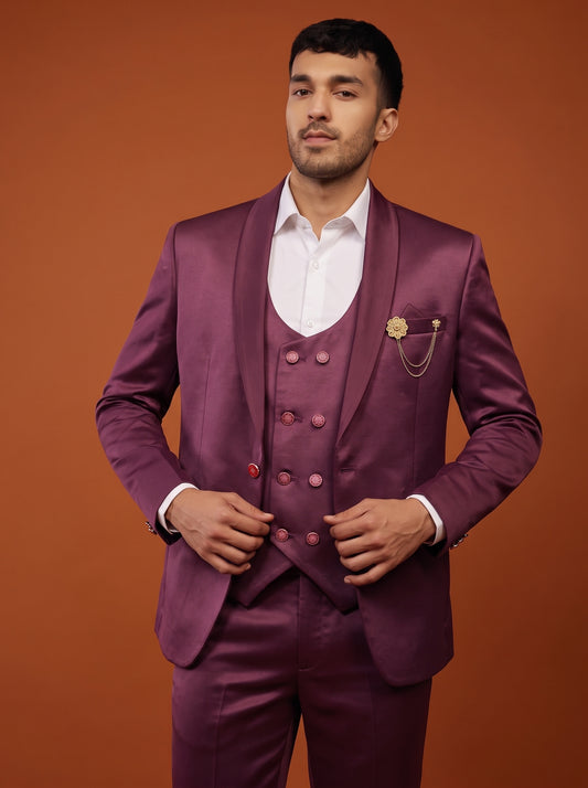 Club AK Men's Wine Purple Satin Finish Three Piece Suit