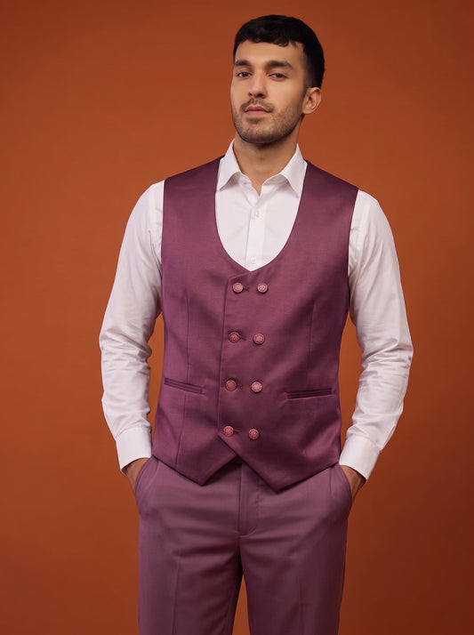 Club AK Men's Wine Purple Satin Finish Three Piece Suit