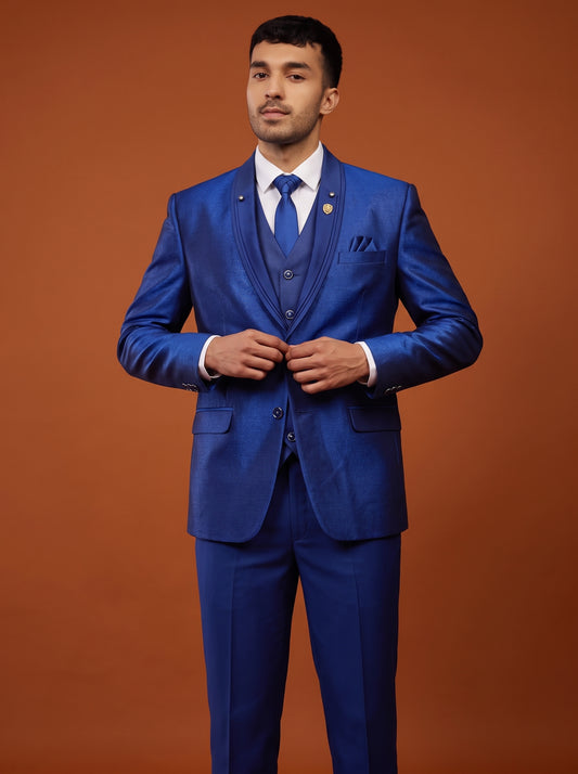 Club AK Men's Royal Blue Shiny Three Piece Suit