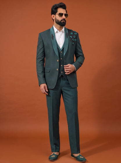 Club AK Men's Dark Teal Green Embroidered Three Piece Suit