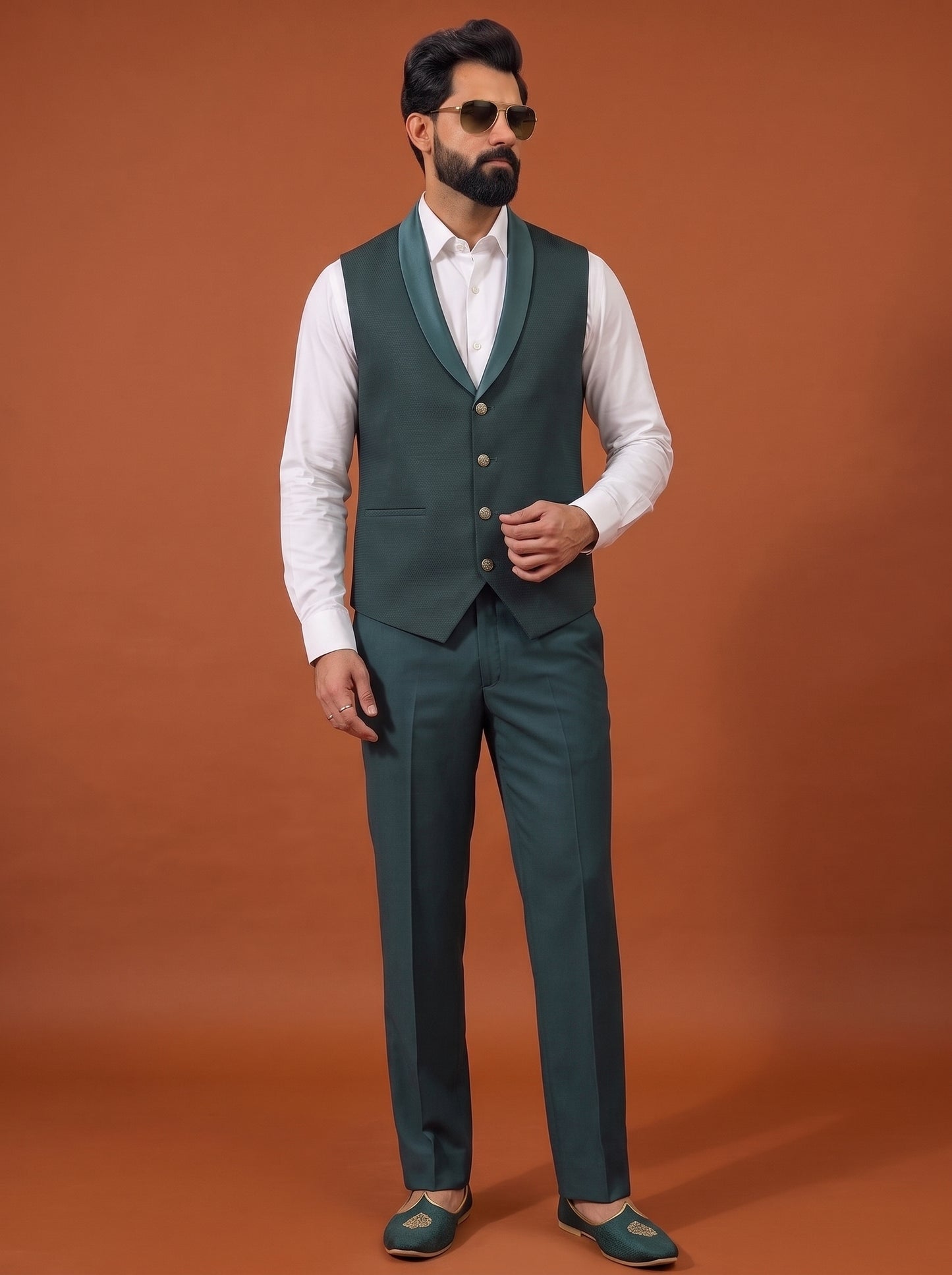 Club AK Men's Dark Teal Green Embroidered Three Piece Suit