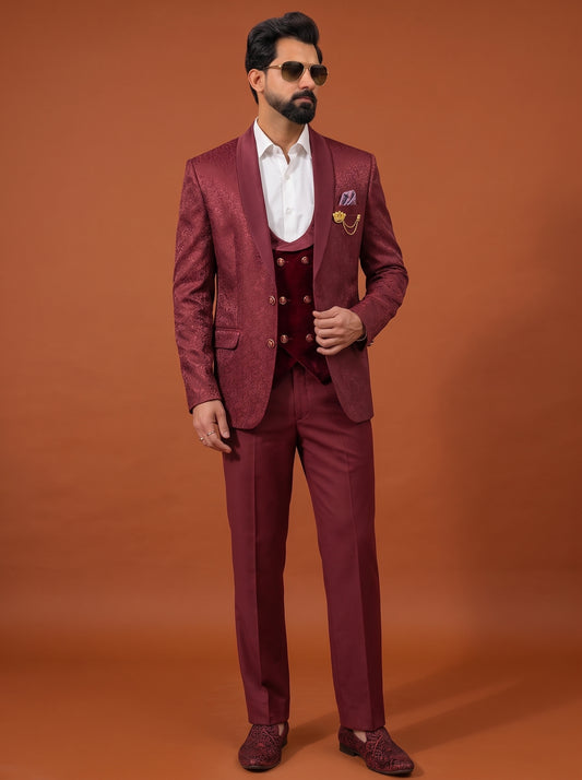 Club AK Men's Wine Jacquard Three Piece Suit with Shawl Lapel