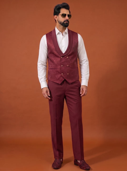 Club AK Men's Wine Jacquard Three Piece Suit with Shawl Lapel