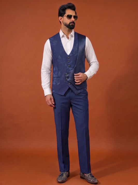 Club AK Men's Navy Blue Floral Jacquard Three Piece Suit
