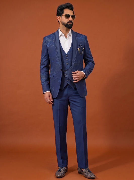 Club AK Men's Navy Blue Floral Jacquard Three Piece Suit