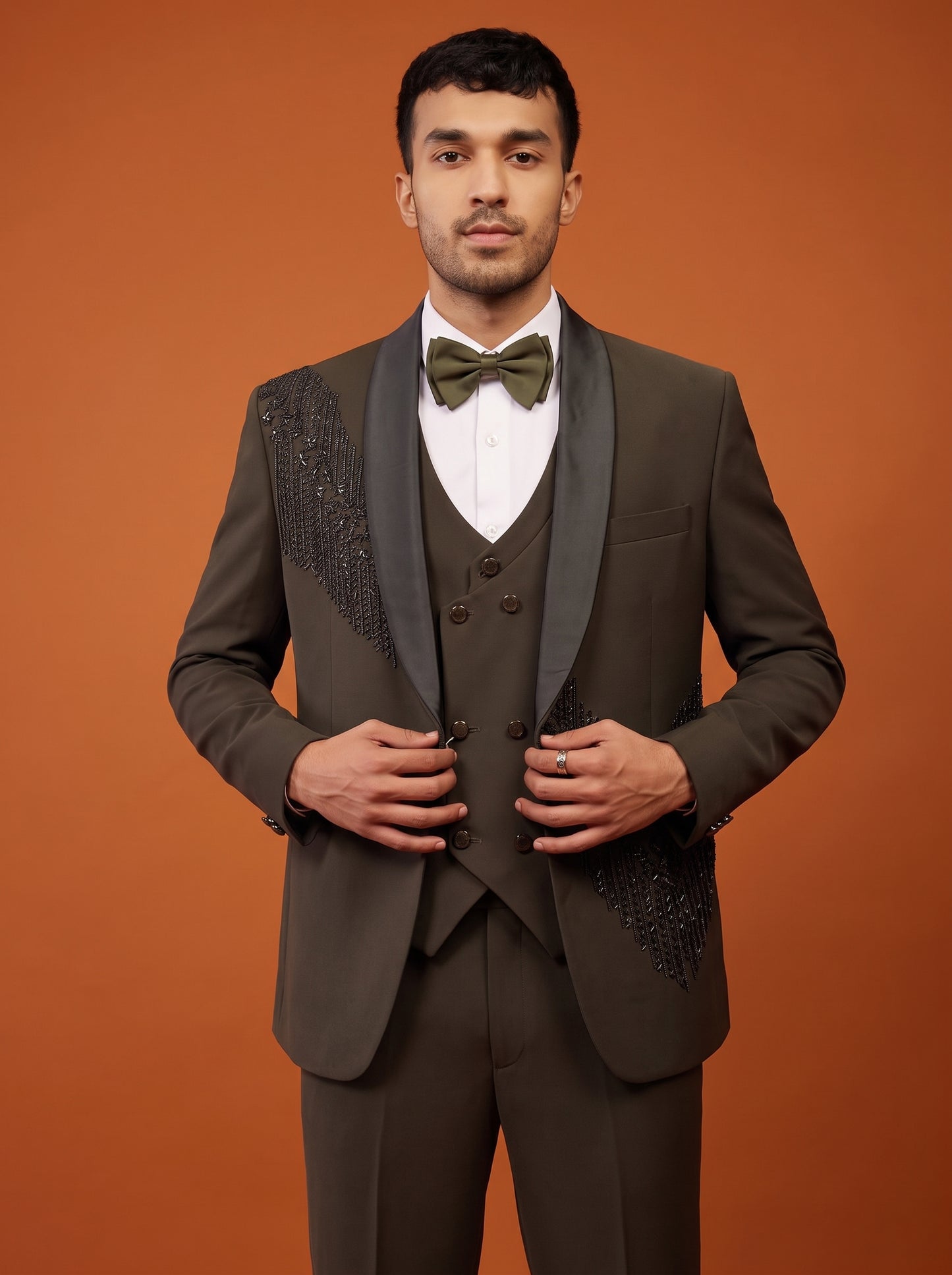 Club AK Men's Olive Green Embellished Three Piece Suit