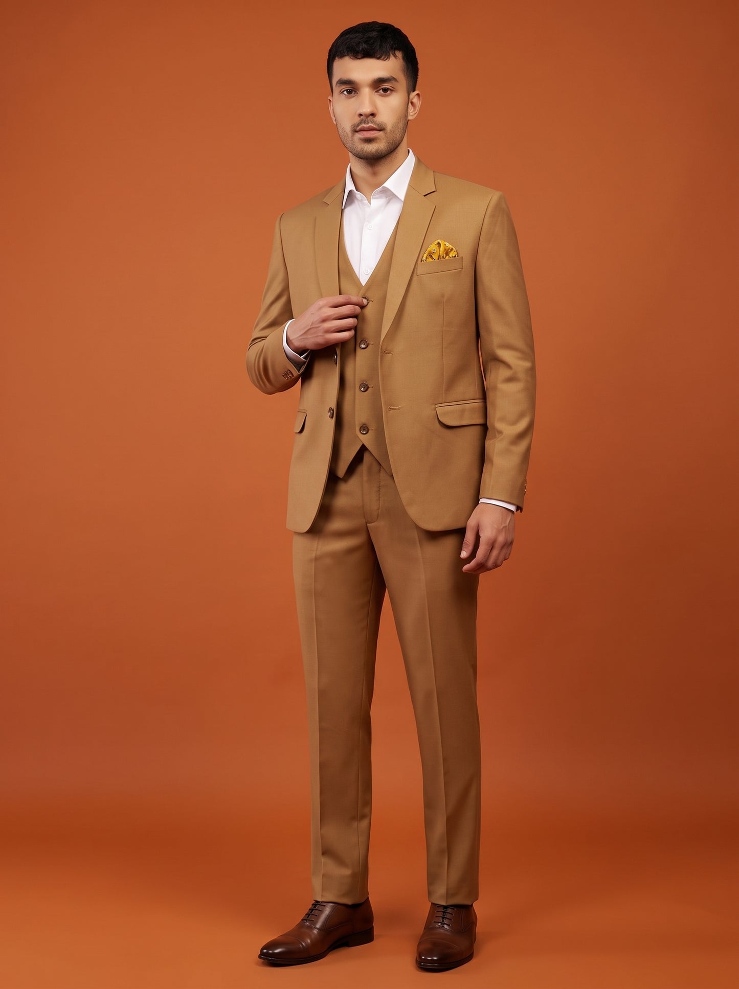Club AK Men's Camel Brown with Classic Three Piece Suit