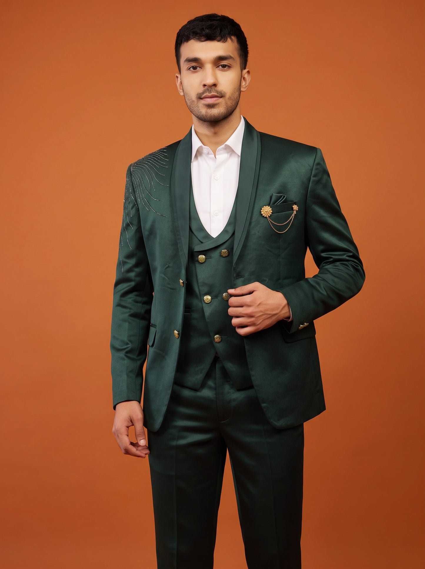 Club AK Men's Emerald Green Satin Three Piece Suit