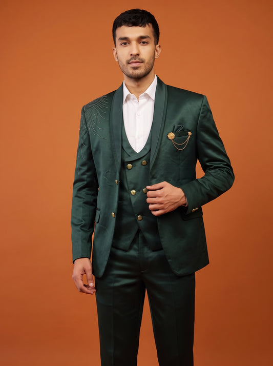 Club AK Men's Emerald Green Satin Three Piece Suit