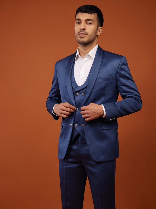 Club AK Men's Navy Blue Satin Tuxedo Three Piece Suit with Shawl Lapel for Wedding & Reception